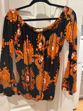 Lascana Off-Shoulder Blouse with Vibrant Orange Baroque Print SZ MED